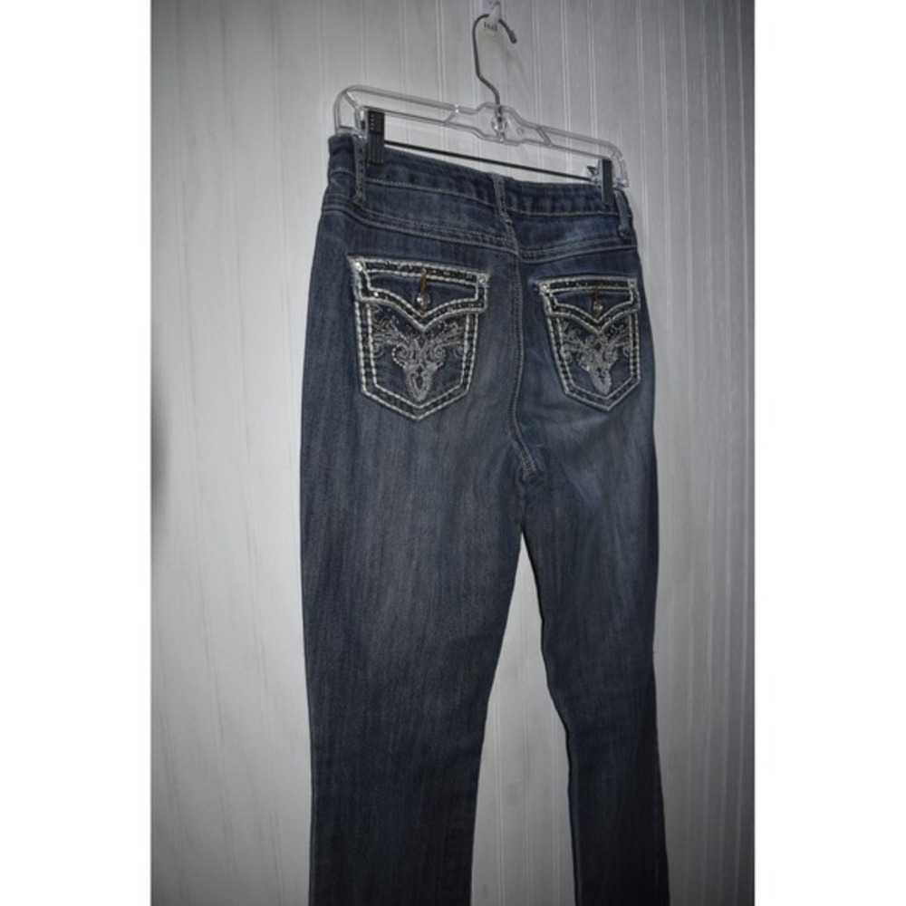 Denim Bootcut Jeans Embellished Pockets Ripped Distressed Dark Wash Size 6 - Picture 6 of 6